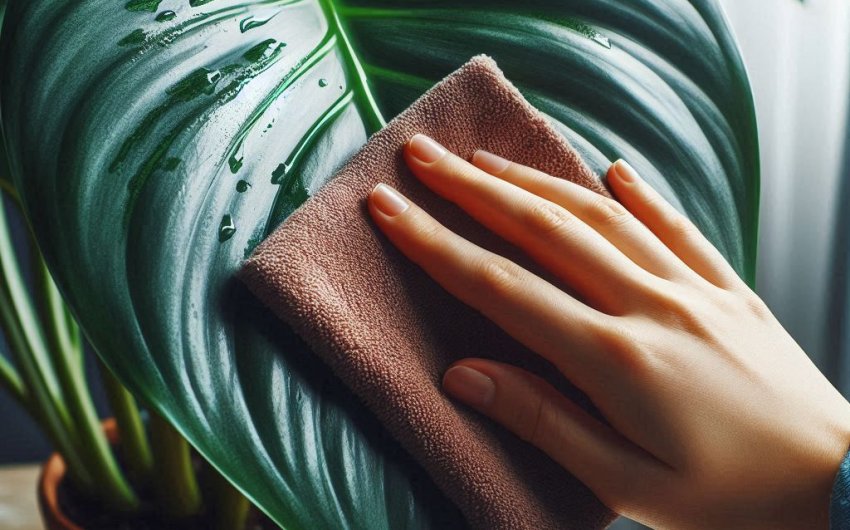 How do I clean large houseplant leaves naturally?