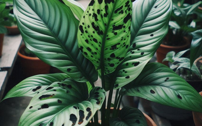 What causes black spots on peace lily leaves?