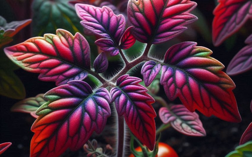 What causes red leaves on tomato plants?